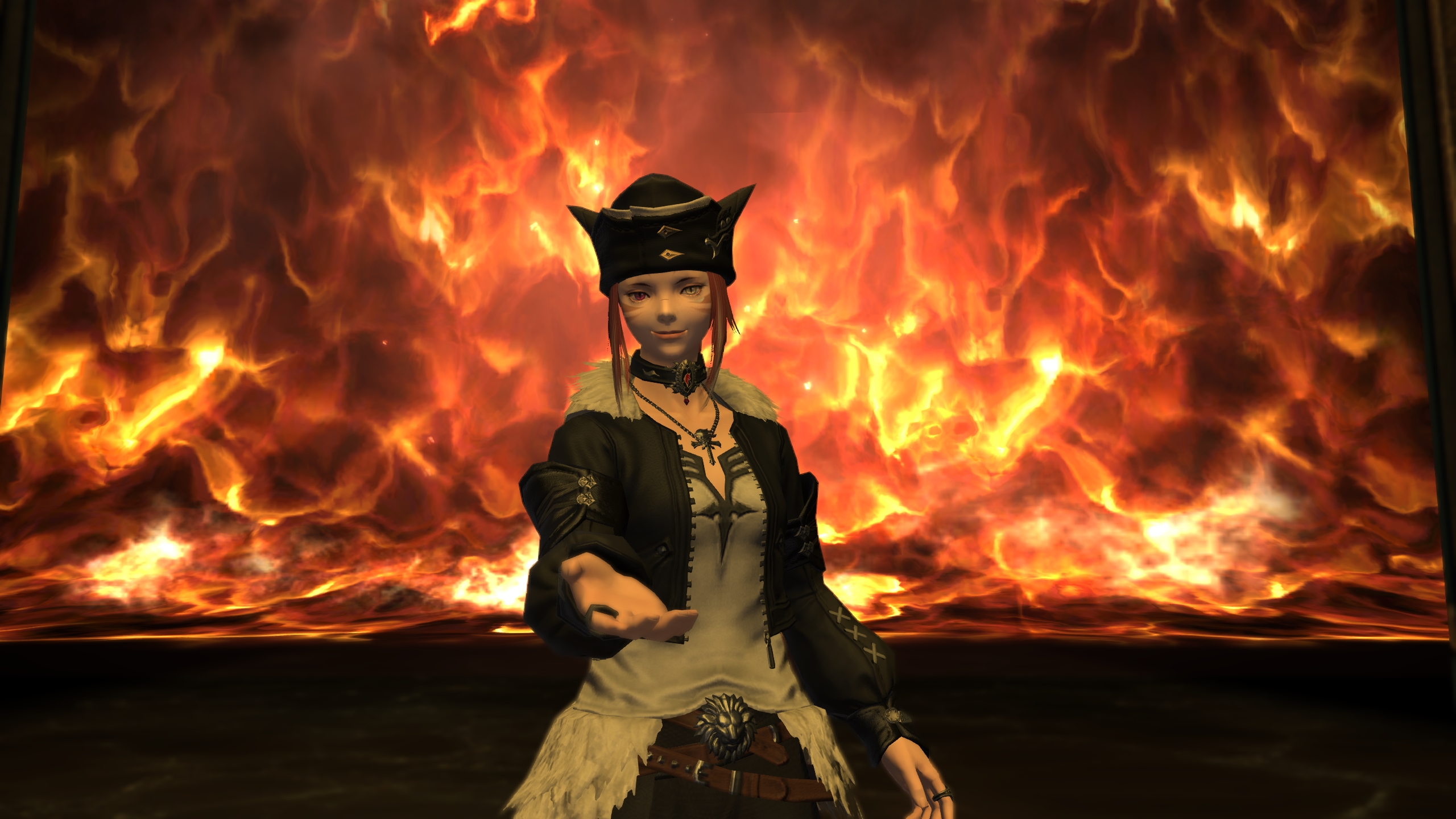 World-weary Skyde Panthera from Shadowbringers expansion, hand outstretched with wall of flame behind, Final Fantasy XIV dramatic screenshot