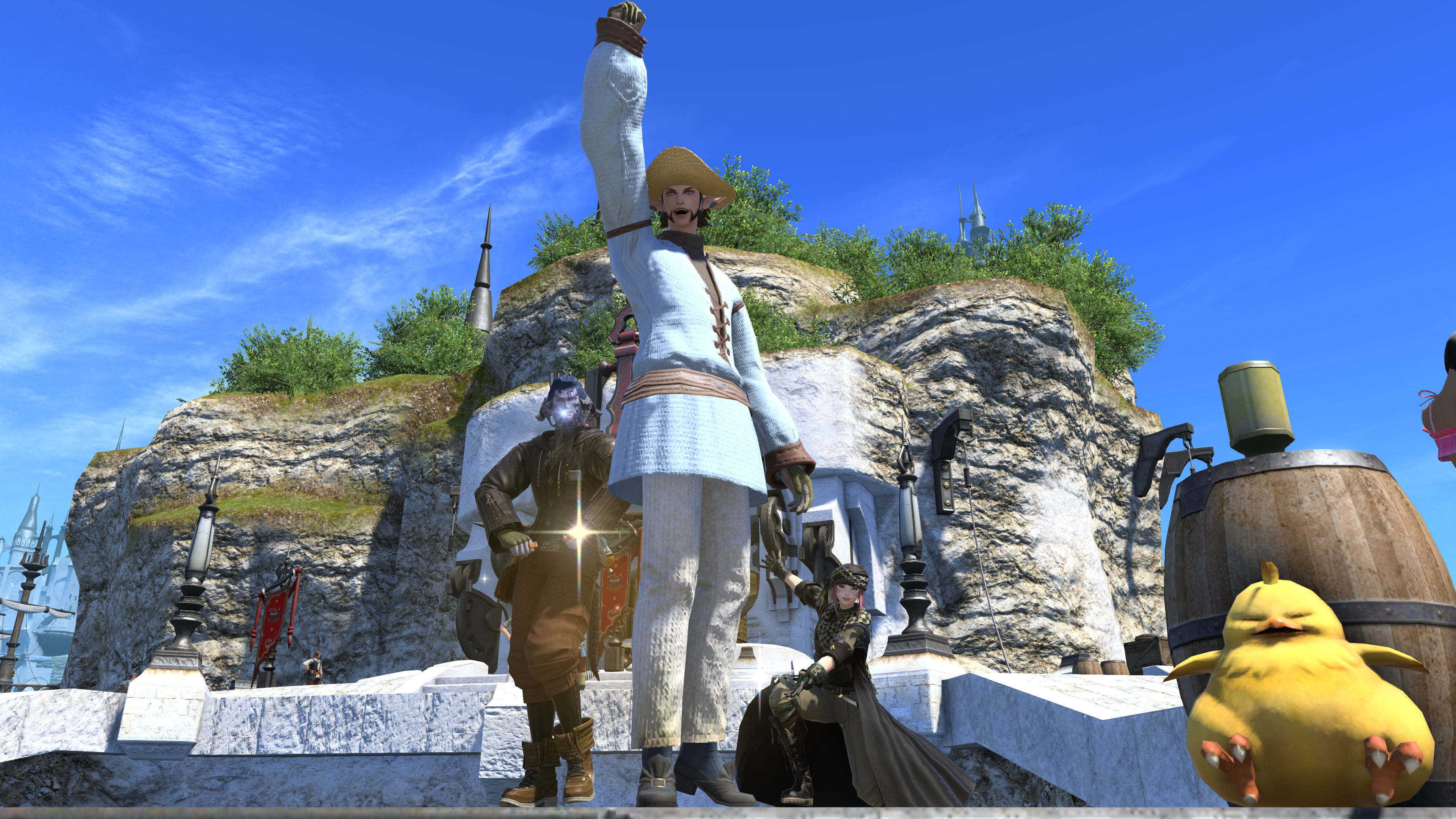Octavel Venwynn cheering in fisherman gear with Baidur Avagnar and Skyde Panthera, plus fat baby chocobo, Final Fantasy XIV group photo