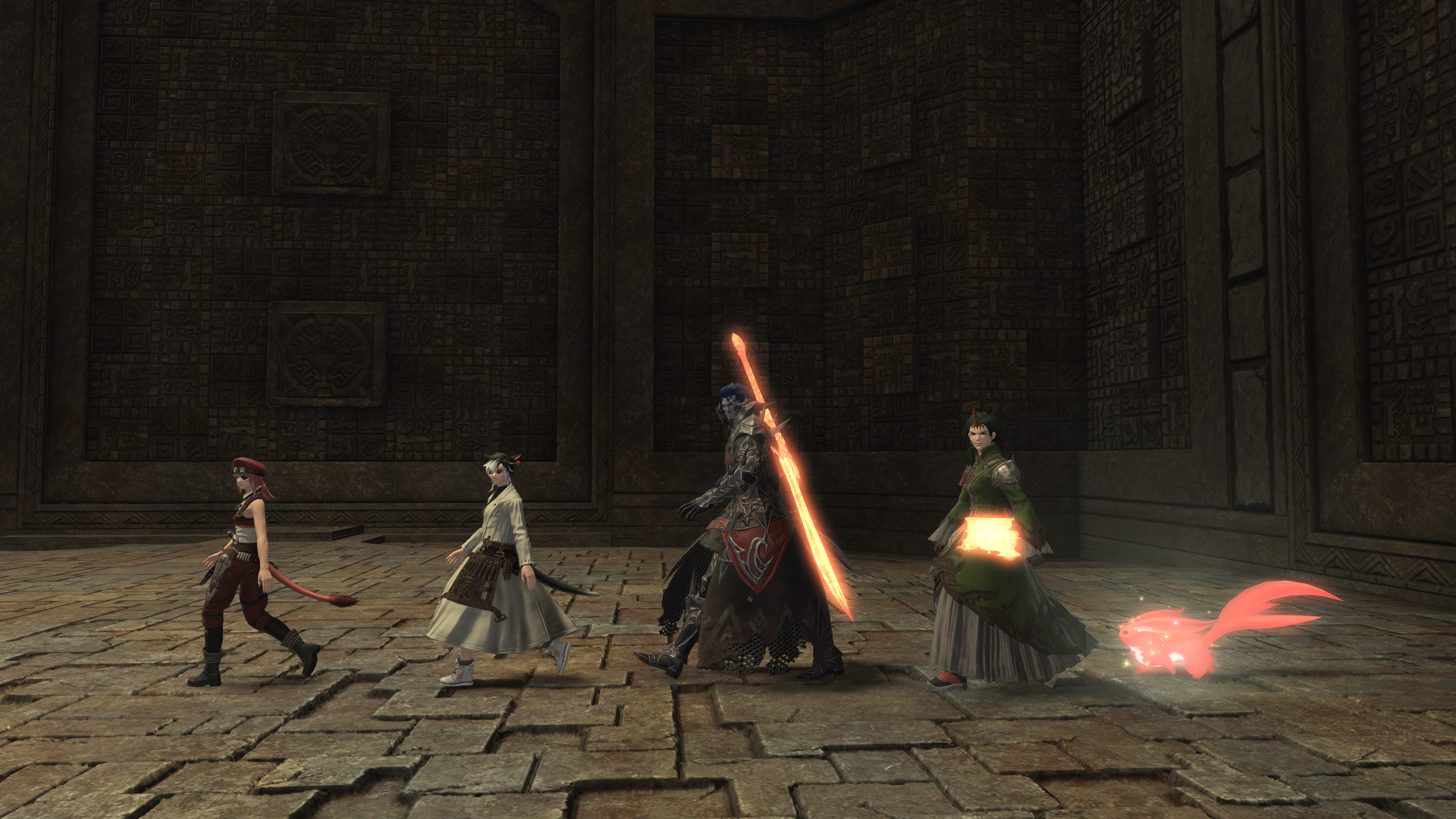 Skyde Panthera, Kisuke Ataruki, Baidur Avagnar, Elizabeth Ai and Ruby Carbuncle mimicking Beatles Abbey Road album cover, Final Fantasy XIV group photo